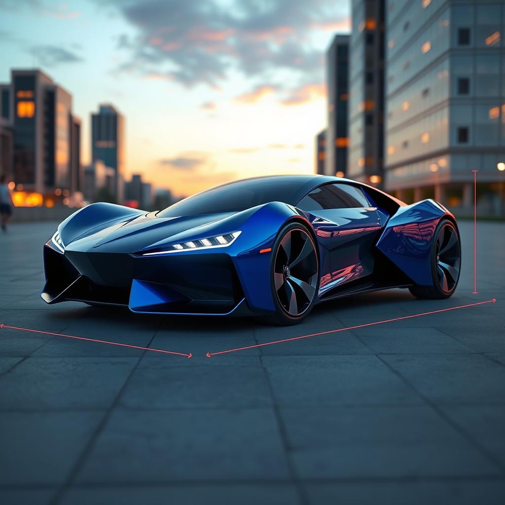 A futuristic car designed with precise dimensions: 250cm in length, 120cm in height, and 132cm in width