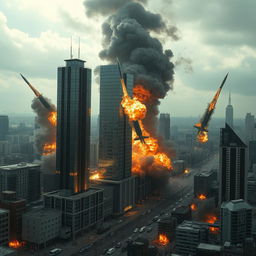 A series of high-speed military missiles crashing into a sprawling urban city, triggering massive explosions that send plumes of fire, smoke, and debris into the air