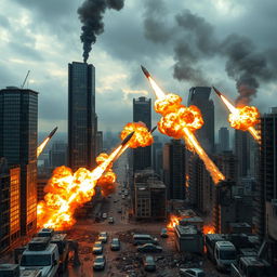 A series of high-speed military missiles crashing into a sprawling urban city, triggering massive explosions that send plumes of fire, smoke, and debris into the air