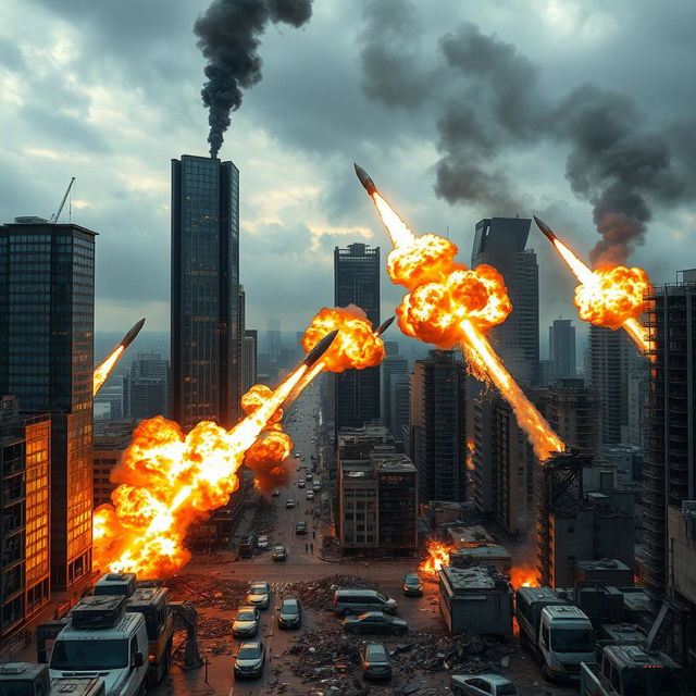 A series of high-speed military missiles crashing into a sprawling urban city, triggering massive explosions that send plumes of fire, smoke, and debris into the air