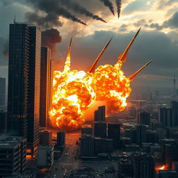 A series of high-speed military missiles crashing into a sprawling urban city, triggering massive explosions that send plumes of fire, smoke, and debris into the air