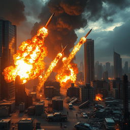 A series of high-speed military missiles crashing into a sprawling urban city, triggering massive explosions that send plumes of fire, smoke, and debris into the air