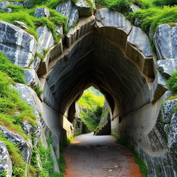 A beautifully designed tunnel, carved into a rocky hillside, with a depth of 20 meters and a width of 13 meters