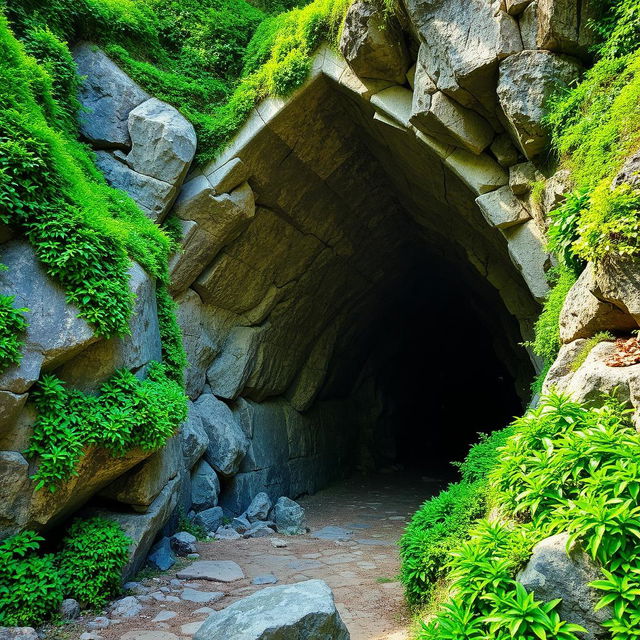 A beautifully designed tunnel, carved into a rocky hillside, with a depth of 20 meters and a width of 13 meters