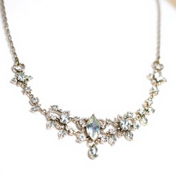 A close-up view of a beautiful and intricate necklace, showcasing its detailed craftsmanship, shimmering gemstones, and delicate design