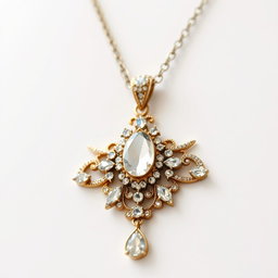 A close-up view of a beautiful and intricate necklace, showcasing its detailed craftsmanship, shimmering gemstones, and delicate design