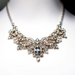 A close-up view of a beautiful and intricate necklace, showcasing its detailed craftsmanship, shimmering gemstones, and delicate design