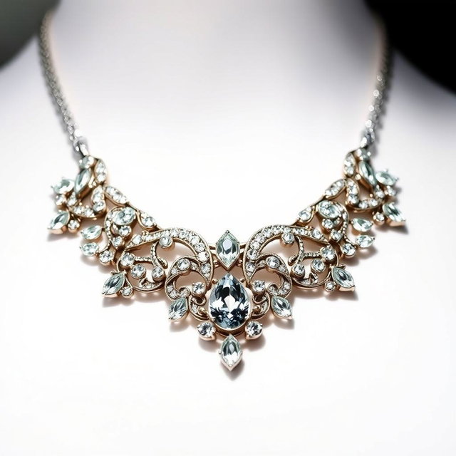 A close-up view of a beautiful and intricate necklace, showcasing its detailed craftsmanship, shimmering gemstones, and delicate design