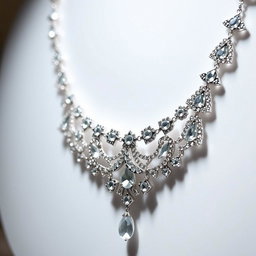 A close-up view of a beautiful and intricate necklace, showcasing its detailed craftsmanship, shimmering gemstones, and delicate design