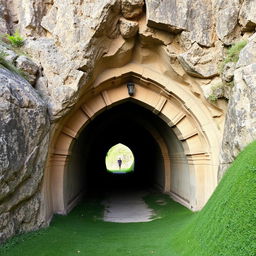 A tunnel carved into the rocky hillside, with a decorative archway at the entrance