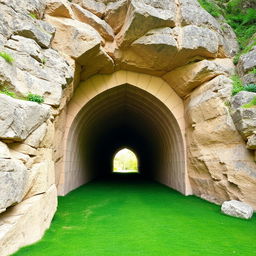 A tunnel carved into the rocky hillside, with a decorative archway at the entrance