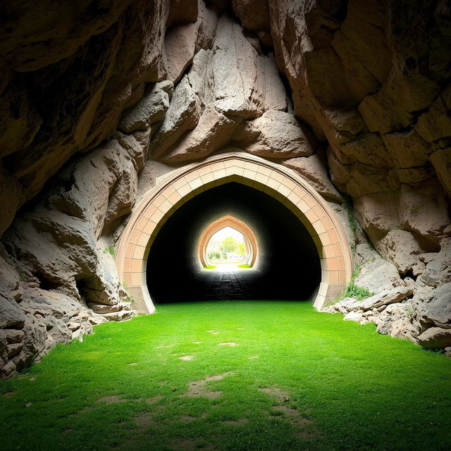 A tunnel carved into the rocky hillside, with a decorative archway at the entrance