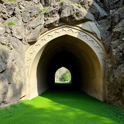 A tunnel carved into the rocky hillside, with a decorative archway at the entrance
