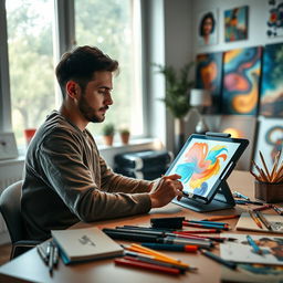 A person sitting at a modern desk, with a digital tablet in front of them, displaying a vibrant and colorful artwork in progress