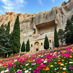 A majestic Iranian Islamic hero's mausoleum set in the foothills of a mountain