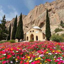 A majestic Iranian Islamic hero's mausoleum set in the foothills of a mountain