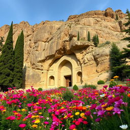 A majestic Iranian Islamic hero's mausoleum set in the foothills of a mountain