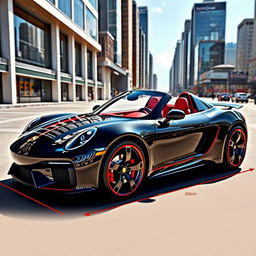 A sporty two-seater car designed with specific dimensions: 200cm in length, 120cm in height, and 132cm in width
