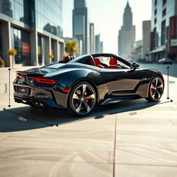 A sporty two-seater car designed with specific dimensions: 200cm in length, 120cm in height, and 132cm in width
