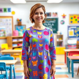 A full-length portrait of a kindergarten teacher wearing a colorful, playful dress suitable for a classroom setting