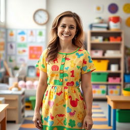 A full-length portrait of a kindergarten teacher wearing a colorful, playful dress suitable for a classroom setting