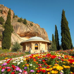 A heroic Islamic mausoleum located at the foothill of a mountain, carved into the mountainside