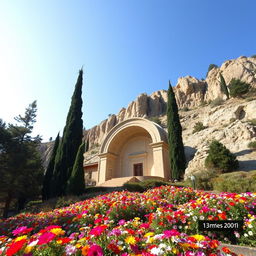 A heroic Islamic mausoleum located at the foothill of a mountain, carved into the mountainside