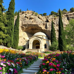 A heroic Islamic mausoleum located at the foothill of a mountain, carved into the mountainside
