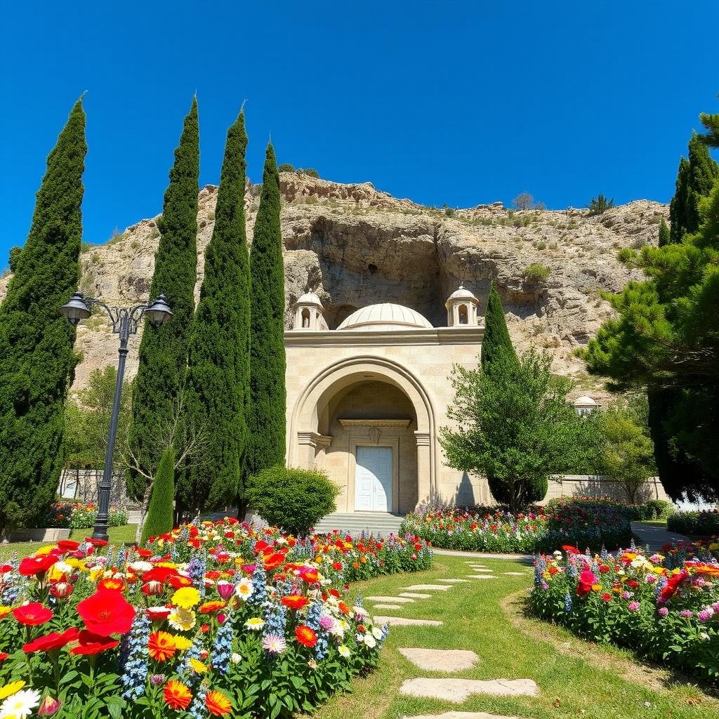 A heroic Islamic mausoleum located at the foothill of a mountain, carved into the mountainside