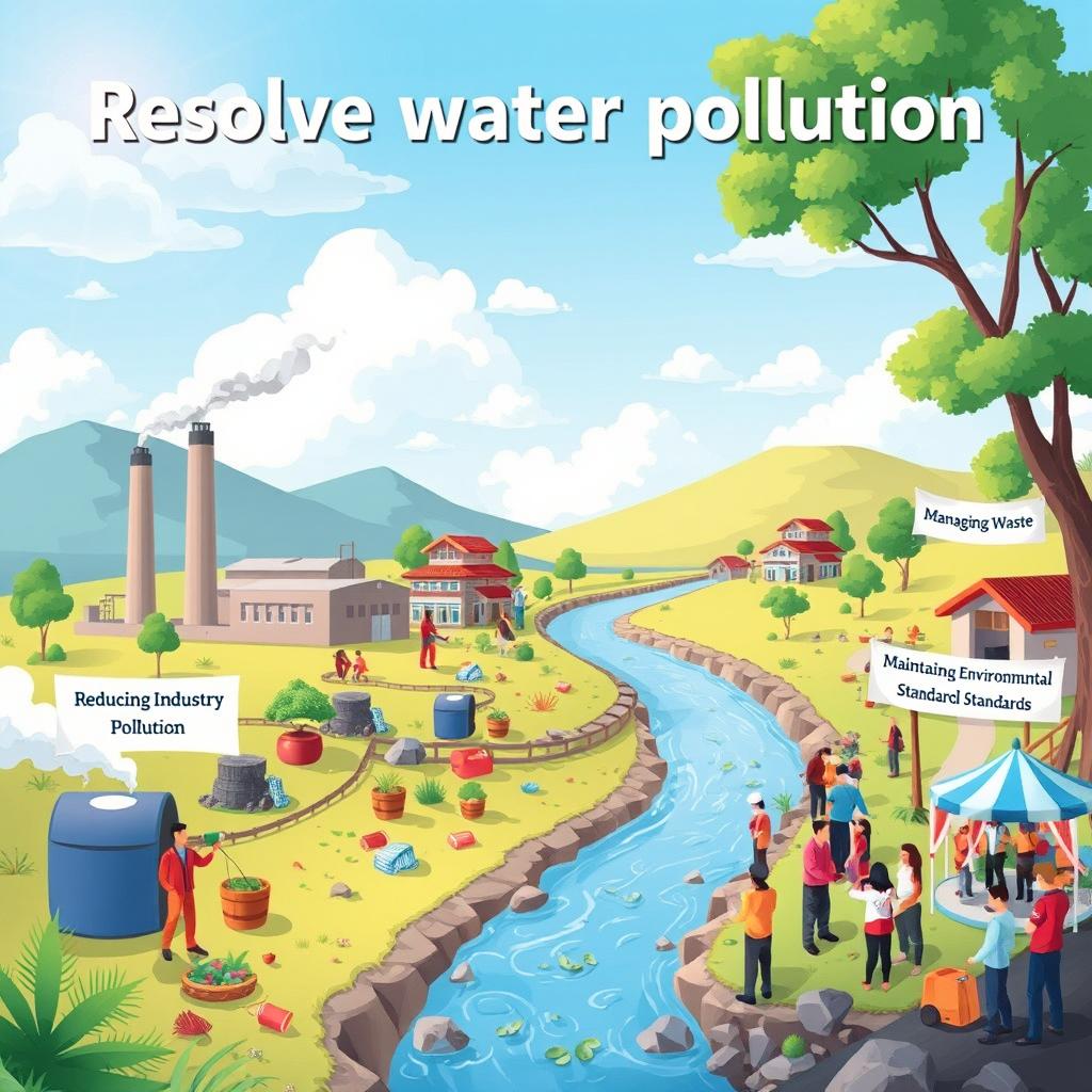 An engaging illustration focused on resolving water pollution, featuring a vibrant scene depicting various actions taken to reduce industrial pollution, manage waste, and raise public awareness