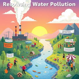 An engaging illustration focused on resolving water pollution, featuring a vibrant scene depicting various actions taken to reduce industrial pollution, manage waste, and raise public awareness