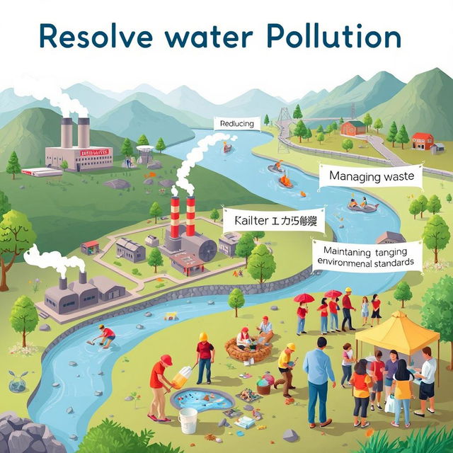 An engaging illustration focused on resolving water pollution, featuring a vibrant scene depicting various actions taken to reduce industrial pollution, manage waste, and raise public awareness