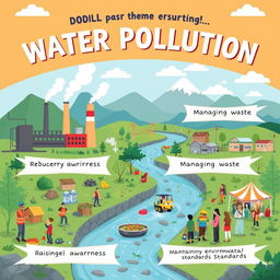An engaging illustration focused on resolving water pollution, featuring a vibrant scene depicting various actions taken to reduce industrial pollution, manage waste, and raise public awareness