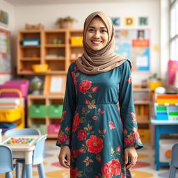 A full-length portrait of a female kindergarten teacher wearing a beautiful Islamic dress
