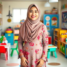 A full-length portrait of a female kindergarten teacher wearing a beautiful Islamic dress