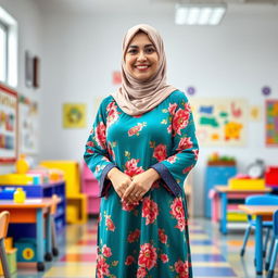A full-length portrait of a female kindergarten teacher wearing a beautiful Islamic dress