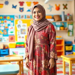 A full-length portrait of a female kindergarten teacher wearing a beautiful Islamic dress