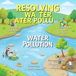 An informative and visually engaging illustration about resolving water pollution, featuring key elements like reducing industry pollution, managing waste, generating public awareness, and maintaining environmental standards