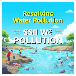An informative and visually engaging illustration about resolving water pollution, featuring key elements like reducing industry pollution, managing waste, generating public awareness, and maintaining environmental standards