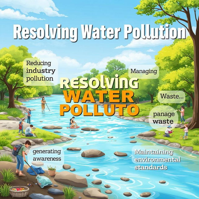 An informative and visually engaging illustration about resolving water pollution, featuring key elements like reducing industry pollution, managing waste, generating public awareness, and maintaining environmental standards