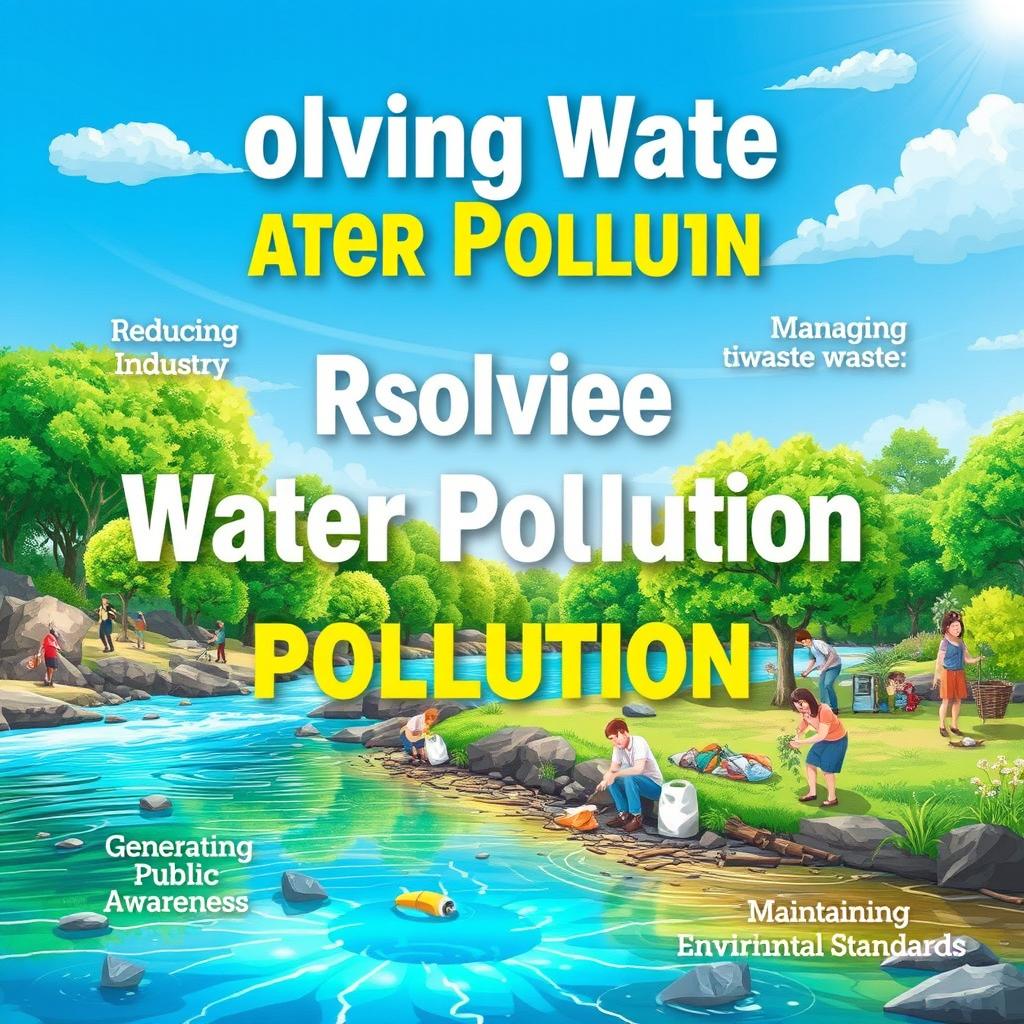 An informative and visually engaging illustration about resolving water pollution, featuring key elements like reducing industry pollution, managing waste, generating public awareness, and maintaining environmental standards