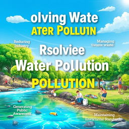 An informative and visually engaging illustration about resolving water pollution, featuring key elements like reducing industry pollution, managing waste, generating public awareness, and maintaining environmental standards