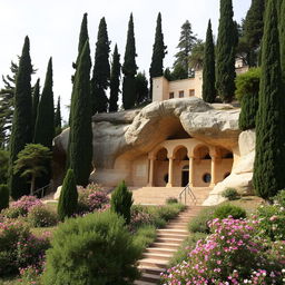 An Islamic mausoleum situated on a hillside, carved from mountain rock, measuring 13 meters in width and 20 meters in depth, designed in a curved shape