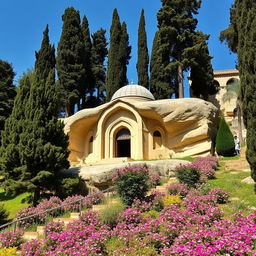 An Islamic mausoleum situated on a hillside, carved from mountain rock, measuring 13 meters in width and 20 meters in depth, designed in a curved shape