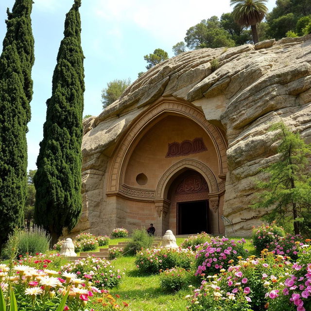 An Islamic tomb situated on the hillside of a mountain, hewn from the rock, measuring 13 meters in width and 20 meters in depth, with an arch-shaped design