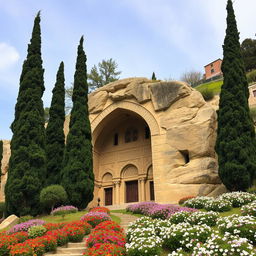 An Islamic tomb situated on the hillside of a mountain, hewn from the rock, measuring 13 meters in width and 20 meters in depth, with an arch-shaped design