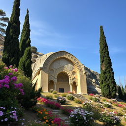 An Islamic tomb situated on the hillside of a mountain, hewn from the rock, measuring 13 meters in width and 20 meters in depth, with an arch-shaped design