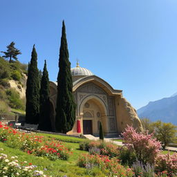 An Islamic tomb situated on the hillside of a mountain, hewn from the rock, measuring 13 meters in width and 20 meters in depth, with an arch-shaped design