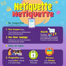 A colorful and engaging poster design that outlines netiquette rules, featuring each rule in bold text with an illustrative example of how to apply it in everyday life
