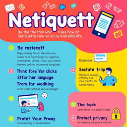 A colorful and engaging poster design that outlines netiquette rules, featuring each rule in bold text with an illustrative example of how to apply it in everyday life